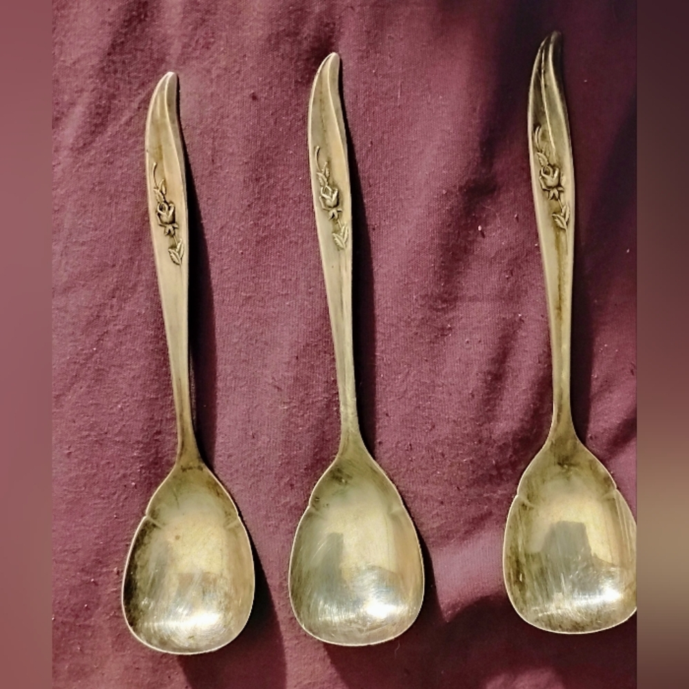 3 Antique Magic Rose Silver Sugar Spoons.